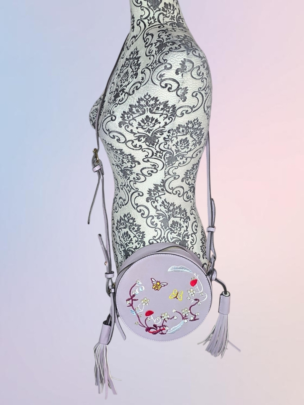 UNKNOWN Lavender Round Crossbody Bag with Embroidered Floral Detail - Picture 1 of 7
